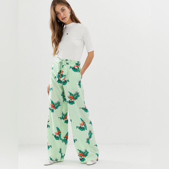 NWOT Mango floral wide leg pants in green boho leaf flower print size large - Picture 2 of 16